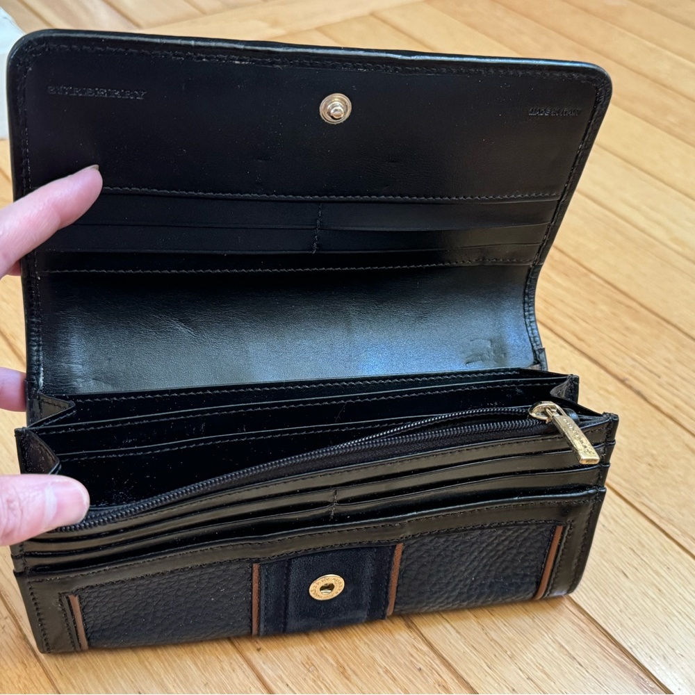 Burberry Prosum bronze Metallic Piping Navy Suade Leather Luxury Wallet VTG - Picture 14 of 16